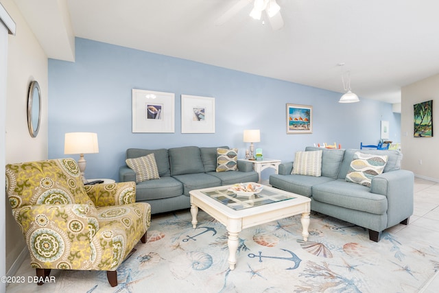 living room with light tile patterned flooring and ceiling fan