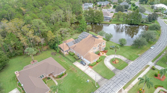 drone / aerial view featuring a water view