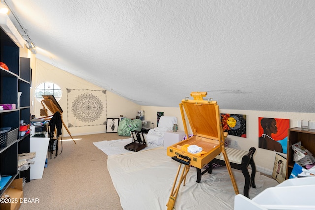 living area with baseboards, carpet floors, a textured ceiling, and lofted ceiling