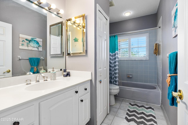 full bath with visible vents, tile patterned flooring, a textured ceiling, toilet, and shower / tub combo with curtain