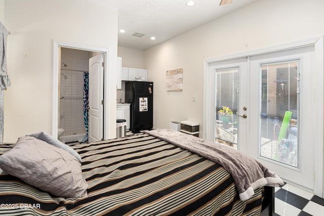 bedroom featuring visible vents, recessed lighting, french doors, freestanding refrigerator, and access to outside