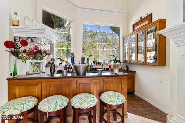 bar featuring ornamental molding, a bar, baseboards, and wood finished floors