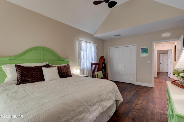 bedroom with visible vents, baseboards, dark wood-type flooring, and a closet