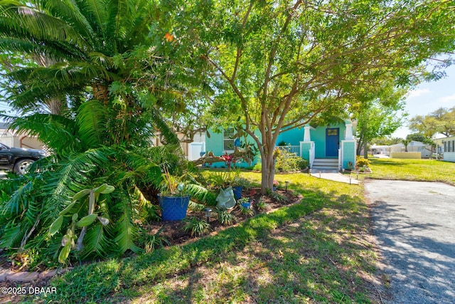 view of yard featuring covered porch