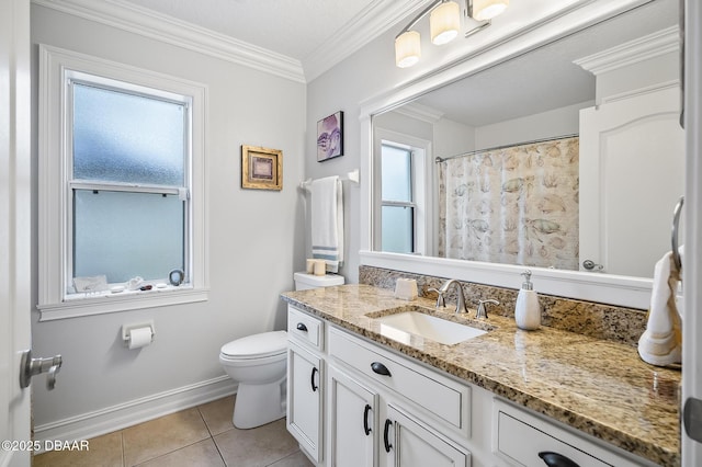 bathroom with tile patterned flooring, vanity, toilet, and crown molding