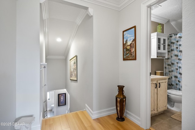 hallway featuring light hardwood / wood-style floors and ornamental molding