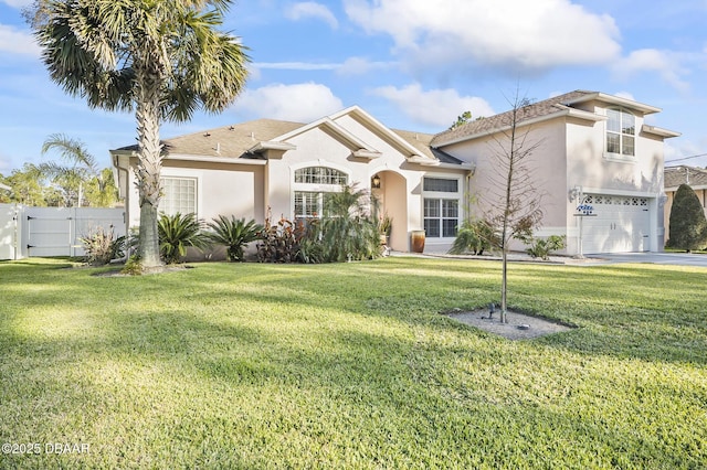 view of front of house with a front yard and a garage