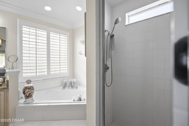 bathroom featuring vanity, crown molding, and independent shower and bath