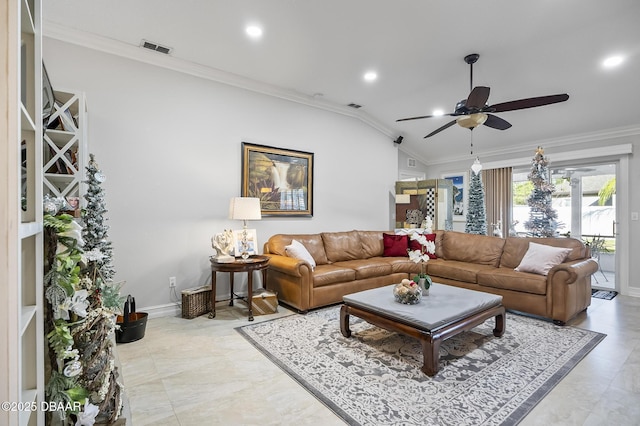 living room featuring ceiling fan, lofted ceiling, and crown molding