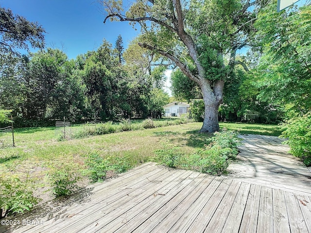 wooden terrace with a lawn