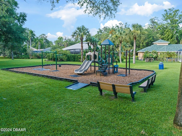 view of jungle gym with a yard