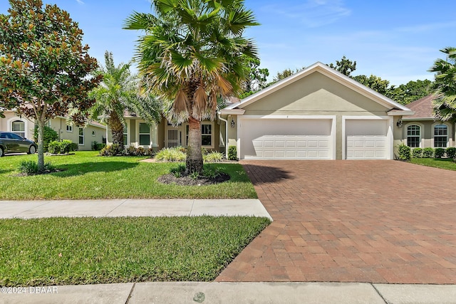 view of front of property with a garage and a front lawn