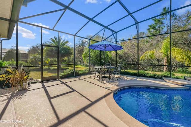 view of pool featuring a lanai and a patio