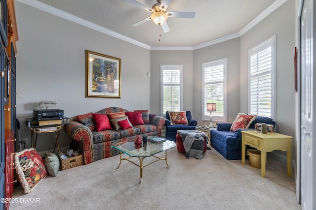 living room with ornamental molding, a healthy amount of sunlight, and carpet flooring