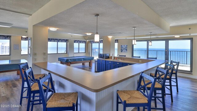 5499 S Atlantic Ave Unit 104, New Smyrna Beach, FL 32169 - kitchen with dark wood-style floors, a sink, a textured ceiling, and a wealth of natural light