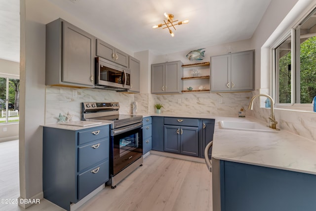 182 Grove St, Ormond Beach, FL 32174 - kitchen with appliances with stainless steel finishes, a sink, open shelves, light wood-style flooring, and backsplash