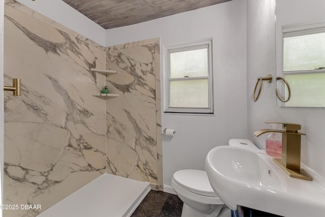 182 Grove St, Ormond Beach, FL 32174 - bathroom featuring a sink, a marble finish shower, baseboards, toilet, and wood ceiling
