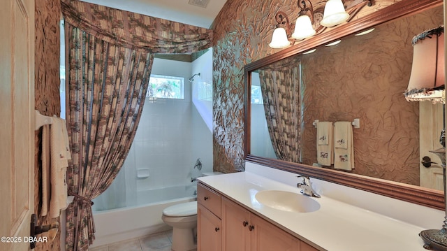 1929 Spruce Creek Lndg, Port Orange, FL 32128 - bathroom with vanity, shower / tub combo, wallpapered walls, and tile patterned flooring