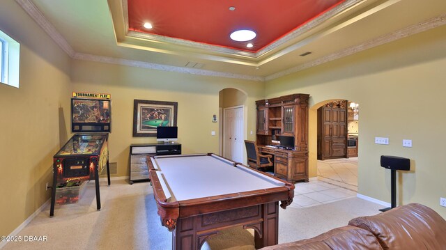 1929 Spruce Creek Lndg, Port Orange, FL 32128 - rec room with arched walkways, crown molding, light colored carpet, pool table, and recessed lighting