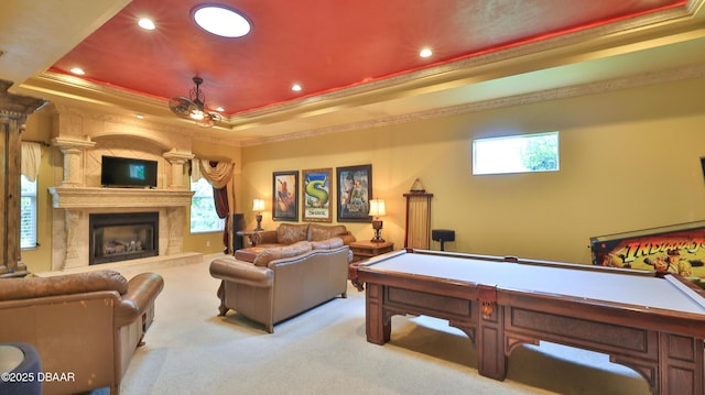 1929 Spruce Creek Lndg, Port Orange, FL 32128 - playroom with a raised ceiling, billiards, crown molding, carpet floors, and recessed lighting