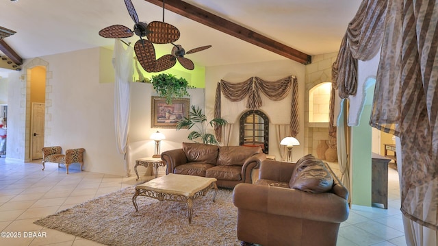 1929 Spruce Creek Lndg, Port Orange, FL 32128 - living area featuring a ceiling fan, beamed ceiling, and light tile patterned flooring