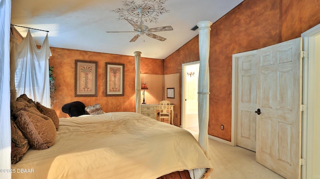 1929 Spruce Creek Lndg, Port Orange, FL 32128 - bedroom featuring lofted ceiling, light colored carpet, ensuite bathroom, and a ceiling fan