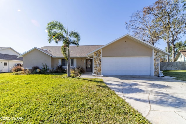 ranch-style home featuring a front yard and a garage