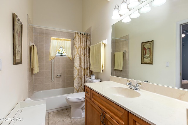 bathroom with toilet, an inviting chandelier, shower / tub combo, tile patterned flooring, and vanity