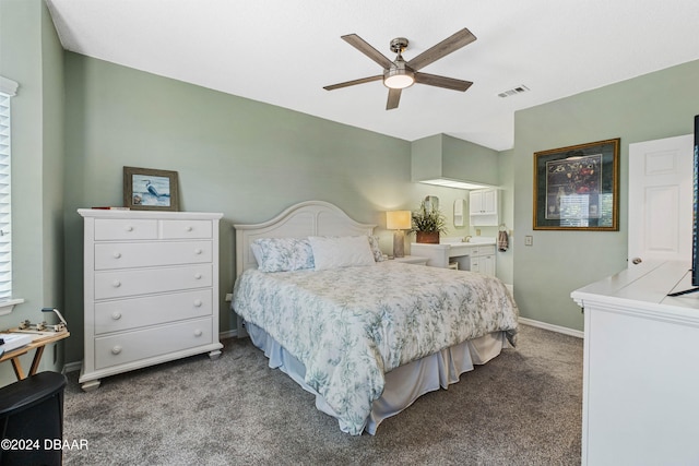 carpeted bedroom featuring ceiling fan