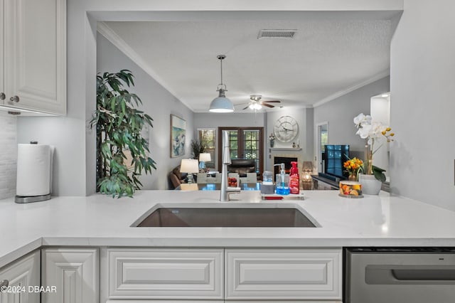 596 N Nova Rd Unit 303, Ormond Beach, FL 32174 - kitchen featuring a tile fireplace, open floor plan, visible vents, ceiling fan, and dishwasher