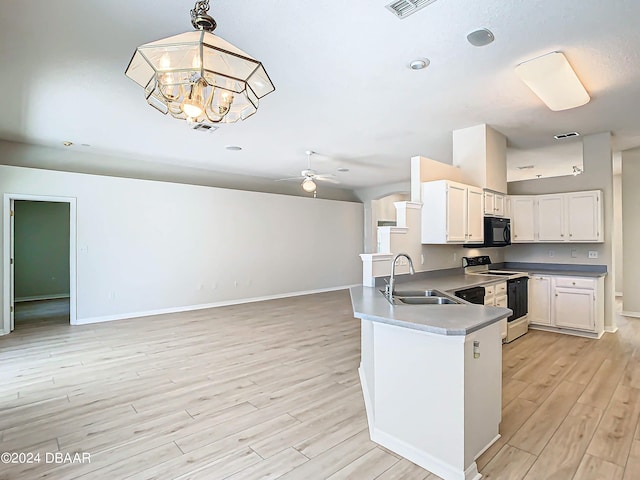 46 Coquina Point Dr, Ormond Beach, FL 32174 - kitchen with white cabinetry, sink, kitchen peninsula, white electric range, and pendant lighting