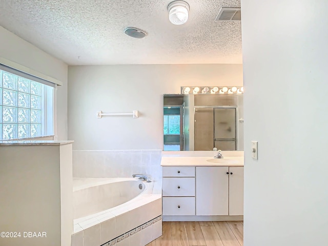 46 Coquina Point Dr, Ormond Beach, FL 32174 - bathroom with vanity, plus walk in shower, wood-type flooring, and a textured ceiling
