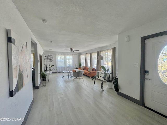 326 Ribault Ave, Daytona Beach, FL 32118 - foyer with a textured ceiling, visible vents, baseboards, ceiling fan, and light wood-style floors