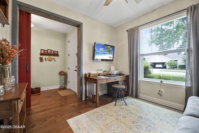 2412 Regency Park Dr, Deland, FL 32724 - office space featuring healthy amount of natural light, baseboards, wood finished floors, and a ceiling fan