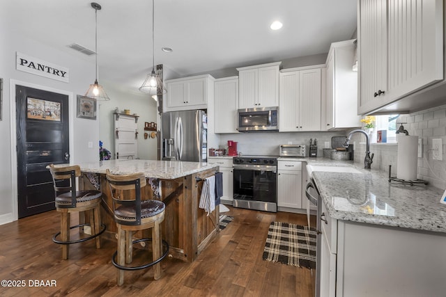 2412 Regency Park Dr, Deland, FL 32724 - kitchen featuring stainless steel appliances, a sink, dark wood-style floors, a center island, and white cabinets
