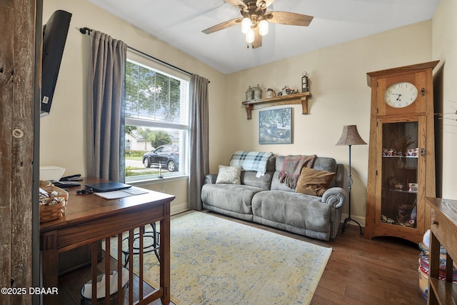 2412 Regency Park Dr, Deland, FL 32724 - living area featuring a ceiling fan, wood finished floors, an office area, and baseboards
