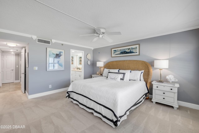 5499 S Atlantic Ave, New Smyrna Beach, FL 32169 - bedroom featuring ornamental molding, light colored carpet, ensuite bath, ceiling fan, and a textured ceiling