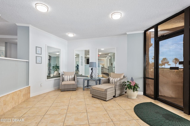 3600 S Ocean Shore Blvd # 111, Flagler Beach, FL 32136 - interior space with tile patterned flooring, a textured ceiling, and crown molding
