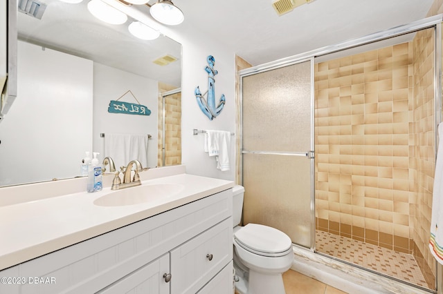 3600 S Ocean Shore Blvd # 111, Flagler Beach, FL 32136 - full bathroom featuring a stall shower, tile patterned flooring, vanity, and toilet