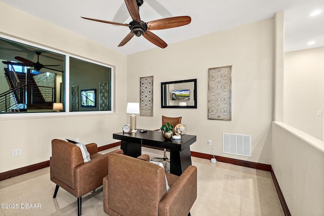 tiled home office featuring a ceiling fan, baseboards, visible vents, and recessed lighting
