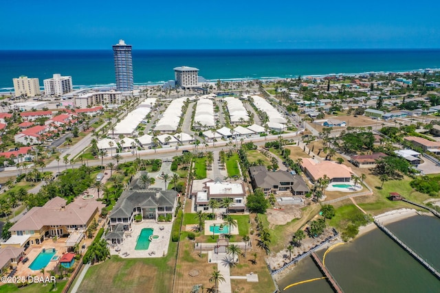 aerial view featuring a water view