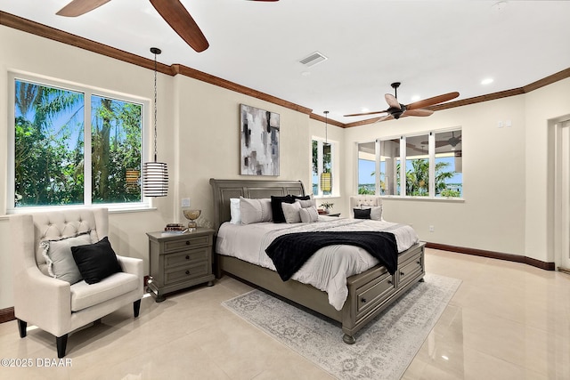 bedroom featuring recessed lighting, baseboards, light tile patterned floors, visible vents, and ornamental molding