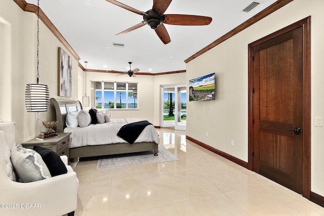 bedroom with visible vents, baseboards, crown molding, and access to exterior