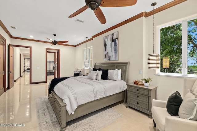 bedroom with crown molding, light tile patterned floors, and visible vents