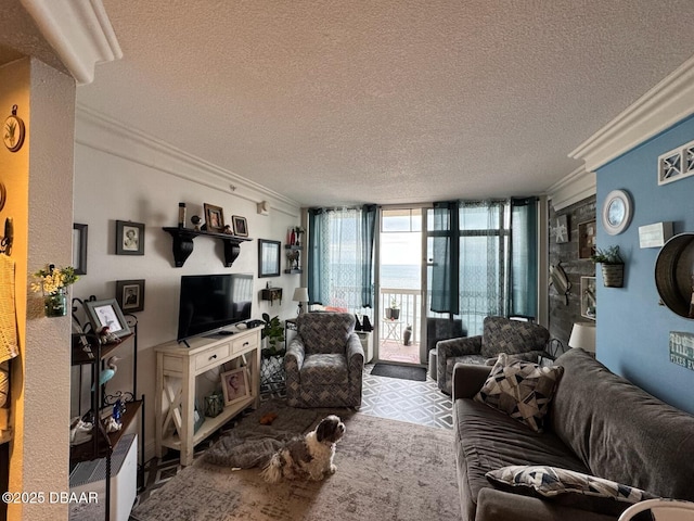 living room featuring expansive windows, a textured ceiling, and crown molding