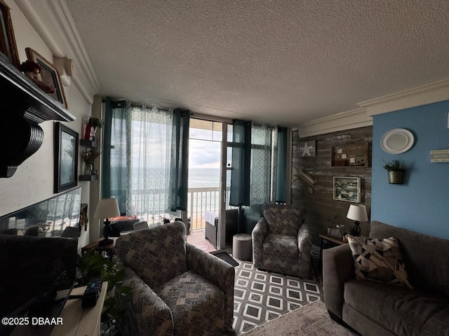 living area featuring a textured ceiling and ornamental molding