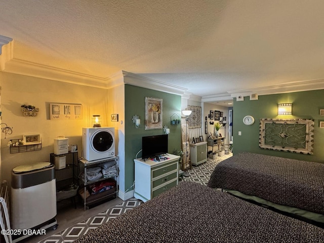 bedroom featuring a textured ceiling and crown molding