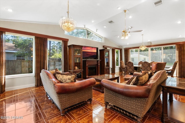 living room with lofted ceiling, a fireplace, visible vents, and recessed lighting