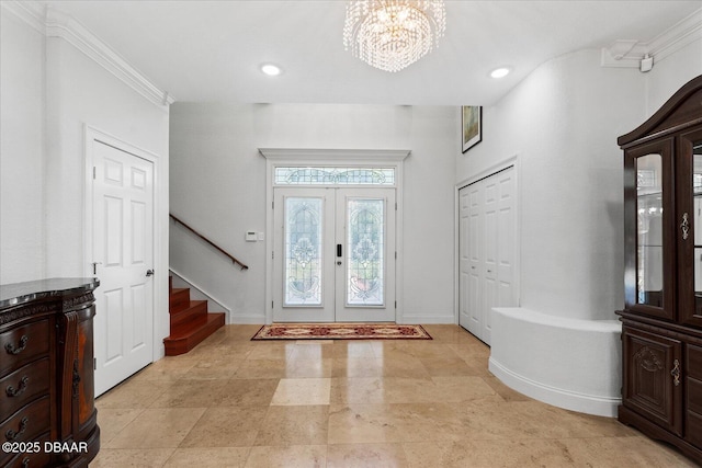 foyer featuring stairs, french doors, recessed lighting, and baseboards