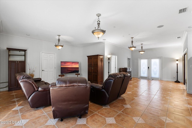 living room featuring light tile patterned floors, visible vents, and crown molding